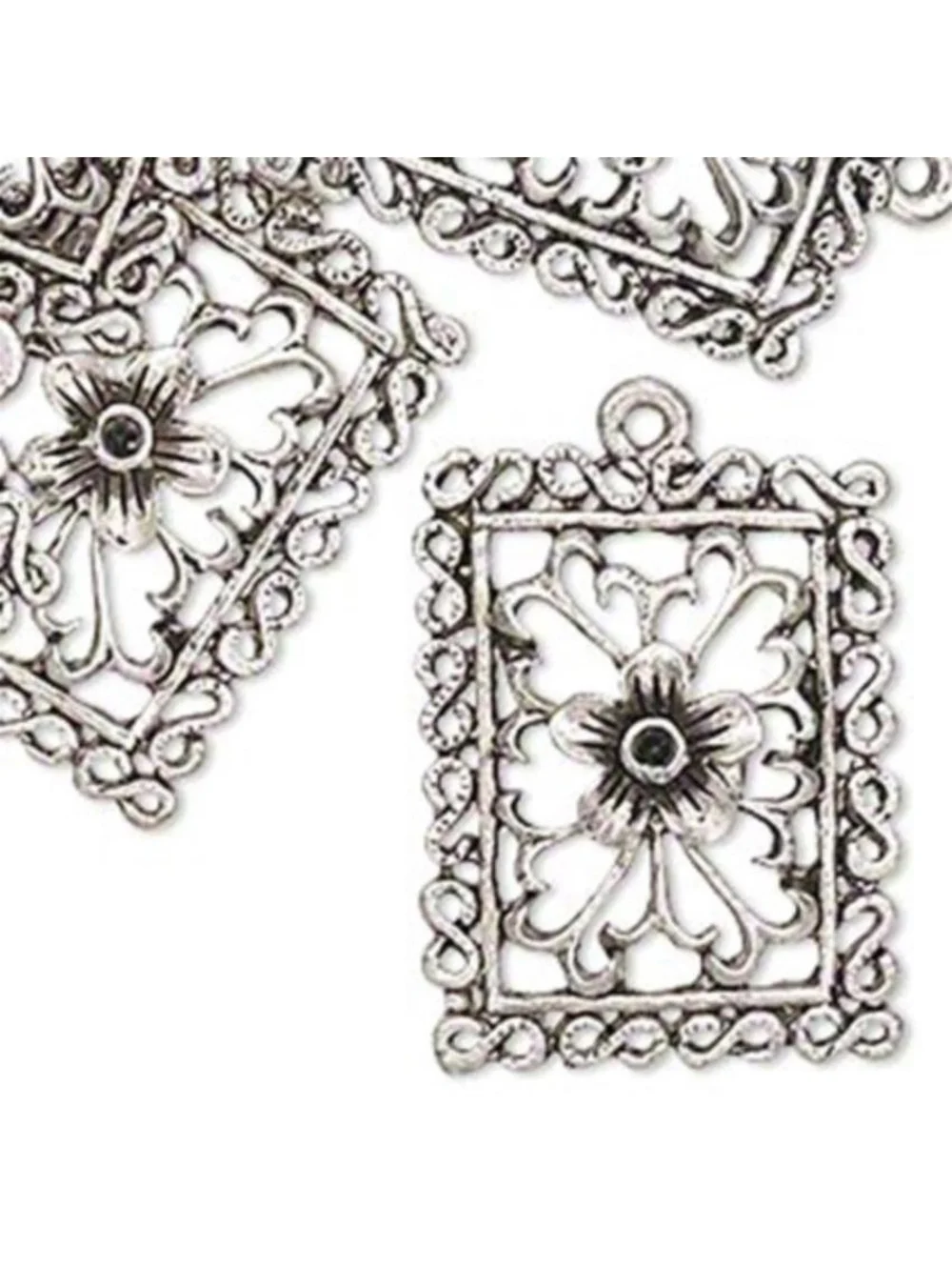 2 Antiqued Silver Pewter Fancy Victorian Flower 29x22mm Rectangle Focal Pendants